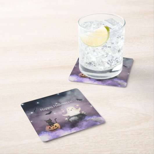 かわいい猫と幽霊ハロウィン スクエアペーパーコースター (インサイチュ)