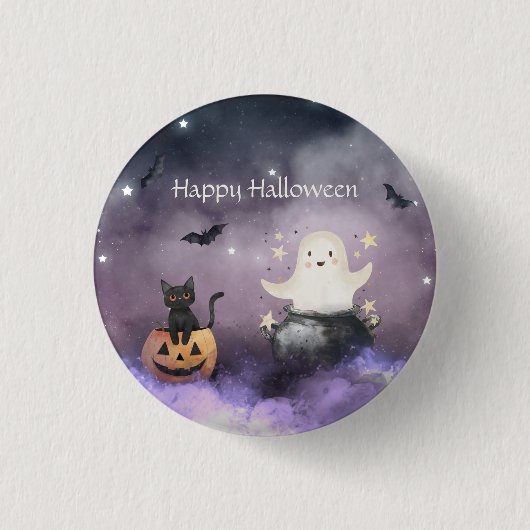 かわいい猫と幽霊ハロウィン 缶バッジ (正面)