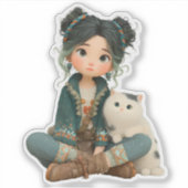かわいい猫と座る女の子 – ほっこりキャラクターステッカー シール (正面)