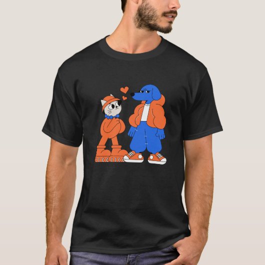 かわいい猫と怒った犬 Tシャツ (正面)