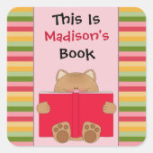 かわいい猫と本の子ども蔵書票 スクエアシール (正面)