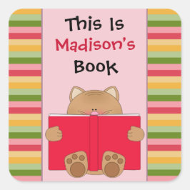 かわいい猫と本の子ども蔵書票 スクエアシール