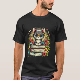 かわいい猫と本好きのための猫と本と花 Tシャツ