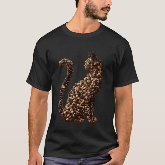 かわいい猫と松ぼっくり 田舎風の秋の動物の落ち葉 Tシャツ (正面)