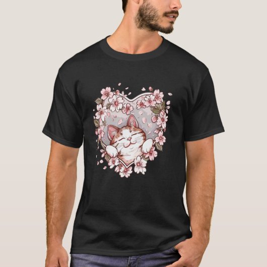かわいい猫と桜 猫 Tシャツ (正面)