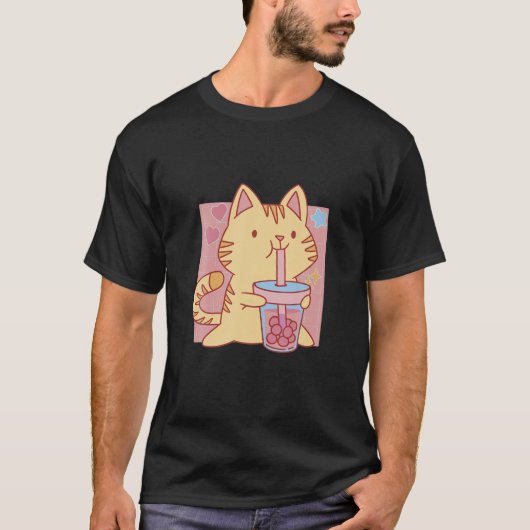 かわいい猫と棒茶猫バブルティーを飲む Tシャツ (正面)