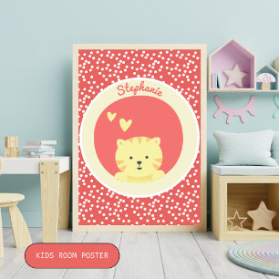 かわいい猫と水玉模様おもしろいキッズベッドルーム ポスター