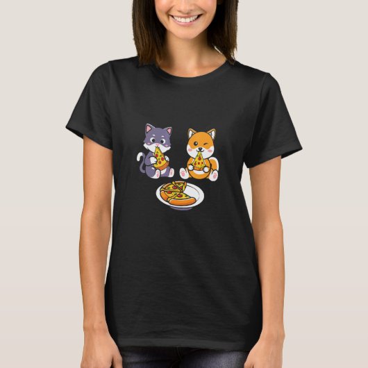 かわいい猫と犬がピザを食べている Tシャツ (正面)