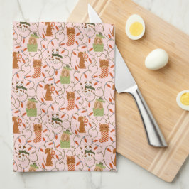 かわいい猫と犬たちクリスマスライトピンク キッチンタオル