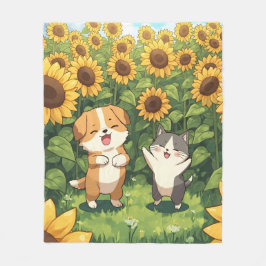 かわいい猫と犬のひまわりフリースブランケット フリースブランケット