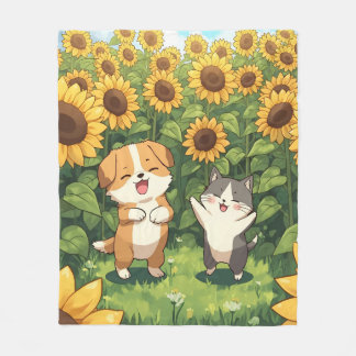 かわいい猫と犬のひまわりフリースブランケット フリースブランケット