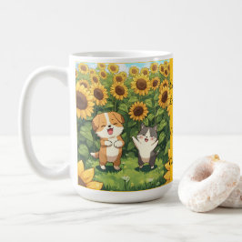 かわいい猫と犬のひまわり畑マグカップ コーヒーマグカップ