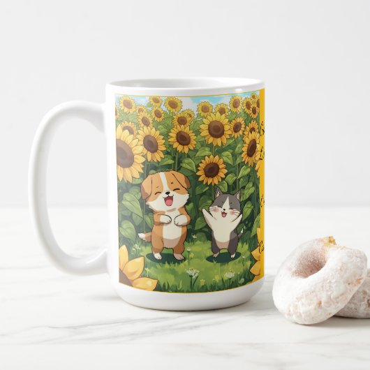 かわいい猫と犬のひまわり畑マグカップ コーヒーマグカップ (ドーナツ)