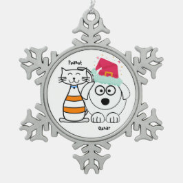 かわいい猫と犬のクリスマスオーナメントをパーソナライズ スノーフレークピューターオーナメント