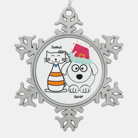 かわいい猫と犬のクリスマスオーナメントをパーソナライズ スノーフレークピューターオーナメント (正面)