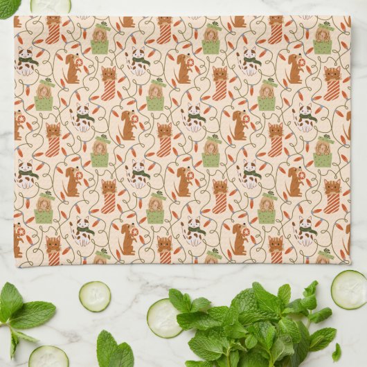 かわいい猫と犬のクリスマスライト キッチンタオル (折り畳み)