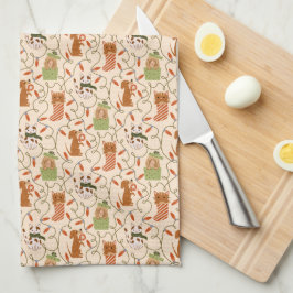 かわいい猫と犬のクリスマスライト キッチンタオル