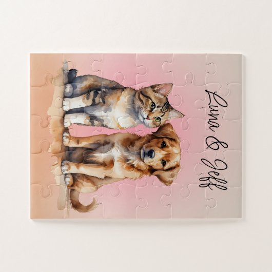 かわいい猫と犬の水色 ジグソーパズル (横)