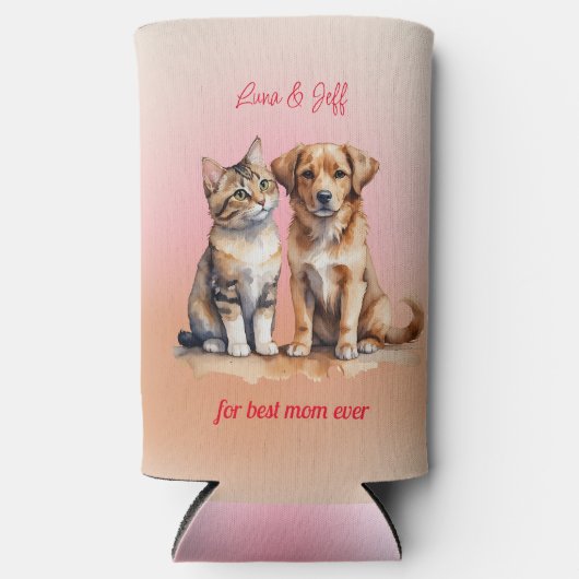 かわいい猫と犬の水色 スリム缶クーラー (正面)