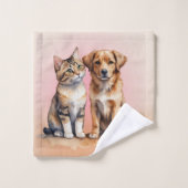かわいい猫と犬の水色 バスタオルセット (ウォッシュタオル)
