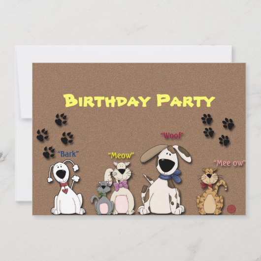 かわいい猫と犬の誕生日パーティー招待状 招待状 (正面)
