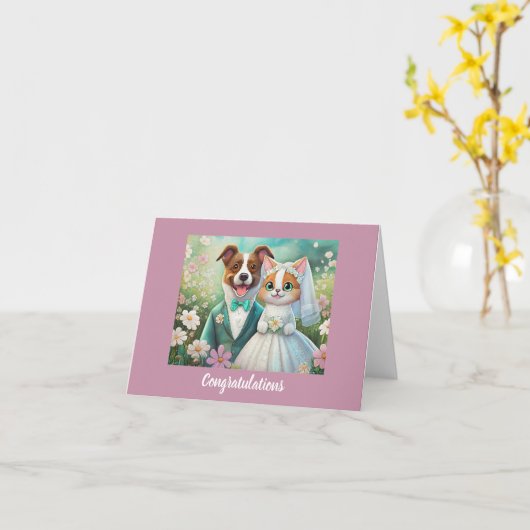かわいい猫と犬結婚のおめでとう カード (黄色い花)