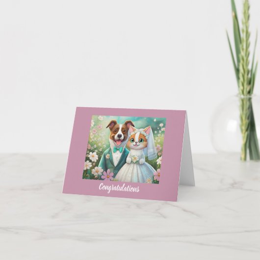 かわいい猫と犬結婚のおめでとう カード (正面)