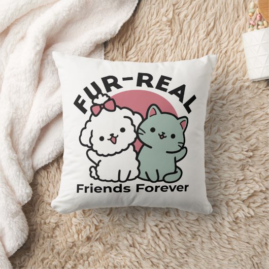 かわいい猫と犬「毛皮実在友達永遠」デザイン クッション (ブランケット)