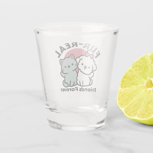 かわいい猫と犬「毛皮実在友達永遠」デザイン ショットグラス (裏面)