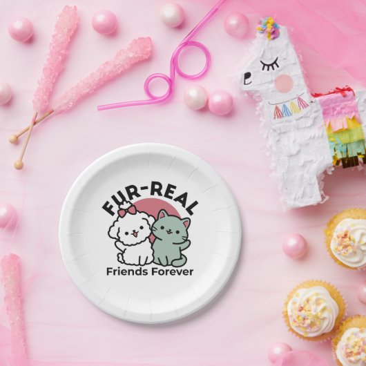 かわいい猫と犬「毛皮実在友達永遠」デザイン ペーパープレート (パーティー)