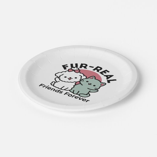 かわいい猫と犬「毛皮実在友達永遠」デザイン ペーパープレート (アングル)