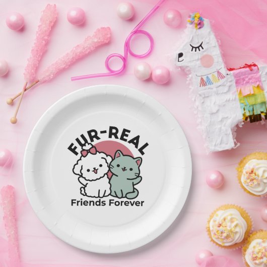 かわいい猫と犬「毛皮実在友達永遠」デザイン ペーパープレート (パーティー)