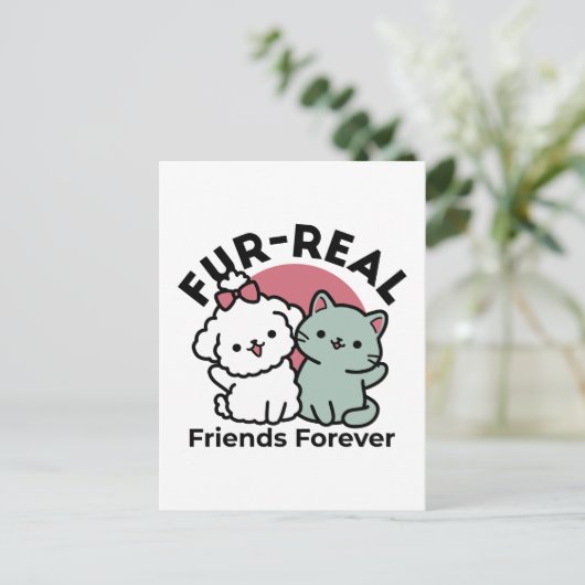 かわいい猫と犬「毛皮実在友達永遠」デザイン ポストカード (スタンド正面)