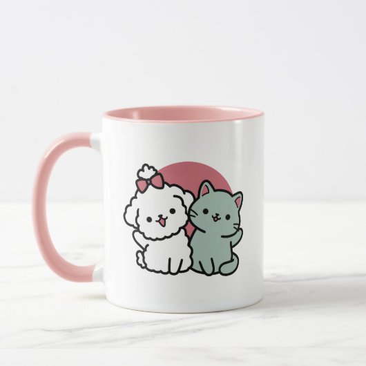 かわいい猫と犬「毛皮実在友達永遠」デザイン マグカップ (左)