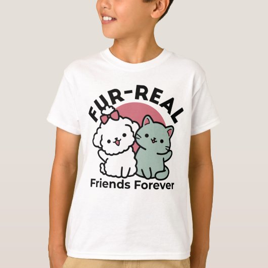 かわいい猫と犬「毛皮実在友達永遠」デザイン Tシャツ (正面)