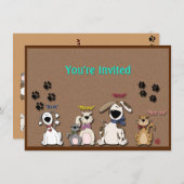 かわいい猫と犬、誕生日パーティーの招待状 招待状 (正面/裏面)