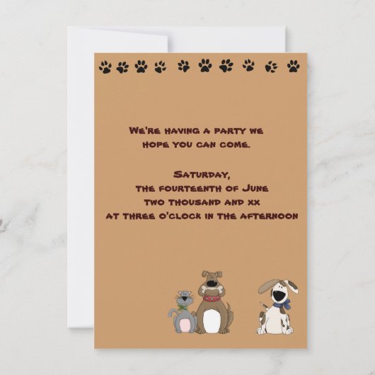 かわいい猫と犬、誕生日パーティーの招待状 招待状 (裏面)