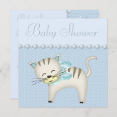 かわいい猫と真珠とハートのブルー男の赤ちゃんシャワー 招待状 (正面/裏面)