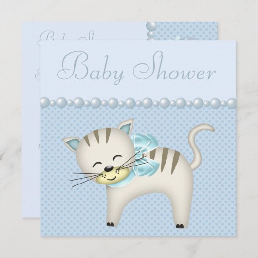 かわいい猫と真珠とハートのブルー男の赤ちゃんシャワー 招待状 (正面/裏面)