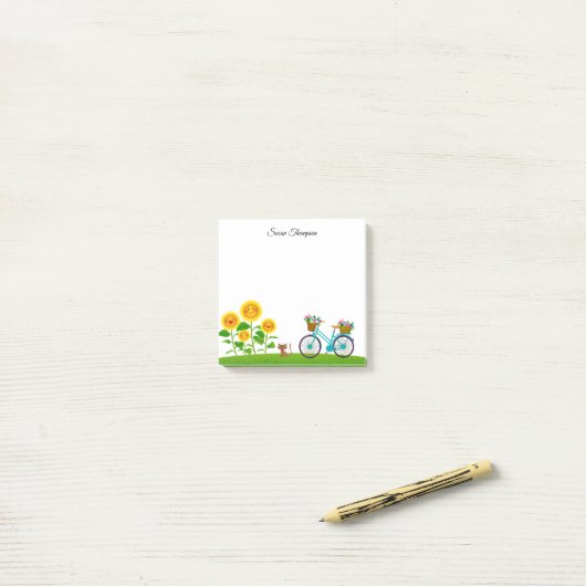 かわいい猫と花かご付き自転車 ポストイット (デスク上)