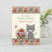 かわいい猫と花と蝶誕生日招待状 招待状 (スタンド正面)