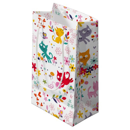 かわいい猫と花のおもしろい スモールペーパーバッグ (正面アングル)