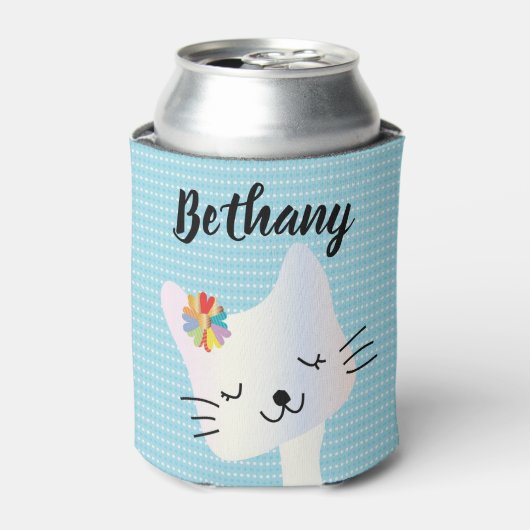 かわいい猫と花のドット柄 オリジナルデザイン  缶クーラー (缶正面)