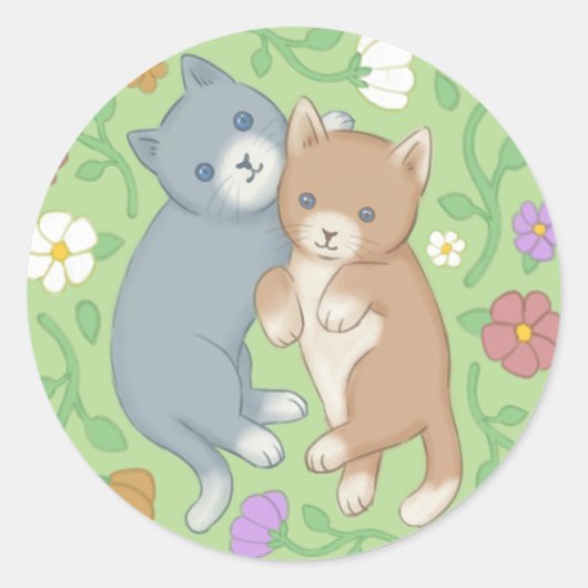かわいい猫と花イラストレーション ラウンドシール (正面)