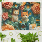 かわいい猫と花デザイン キッチンタオル (折り畳み)
