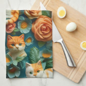 かわいい猫と花デザイン キッチンタオル (四つ折り)