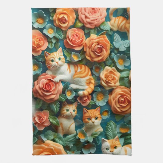 かわいい猫と花デザイン キッチンタオル (縦)