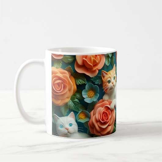 かわいい猫と花デザイン コーヒーマグカップ (左)