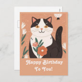 かわいい猫と花ハッピーバースデー パーソナライズされた シーズンポストカード (正面/裏面)