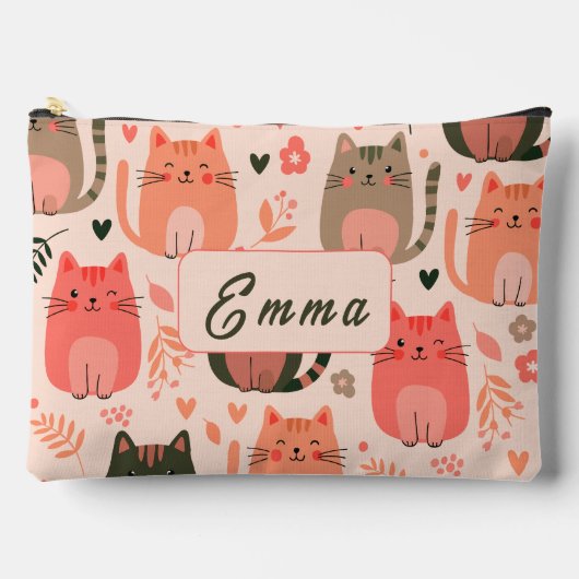 かわいい猫と花柄のカスタムモノグラムキッズ アクセサリーポーチ (正面)